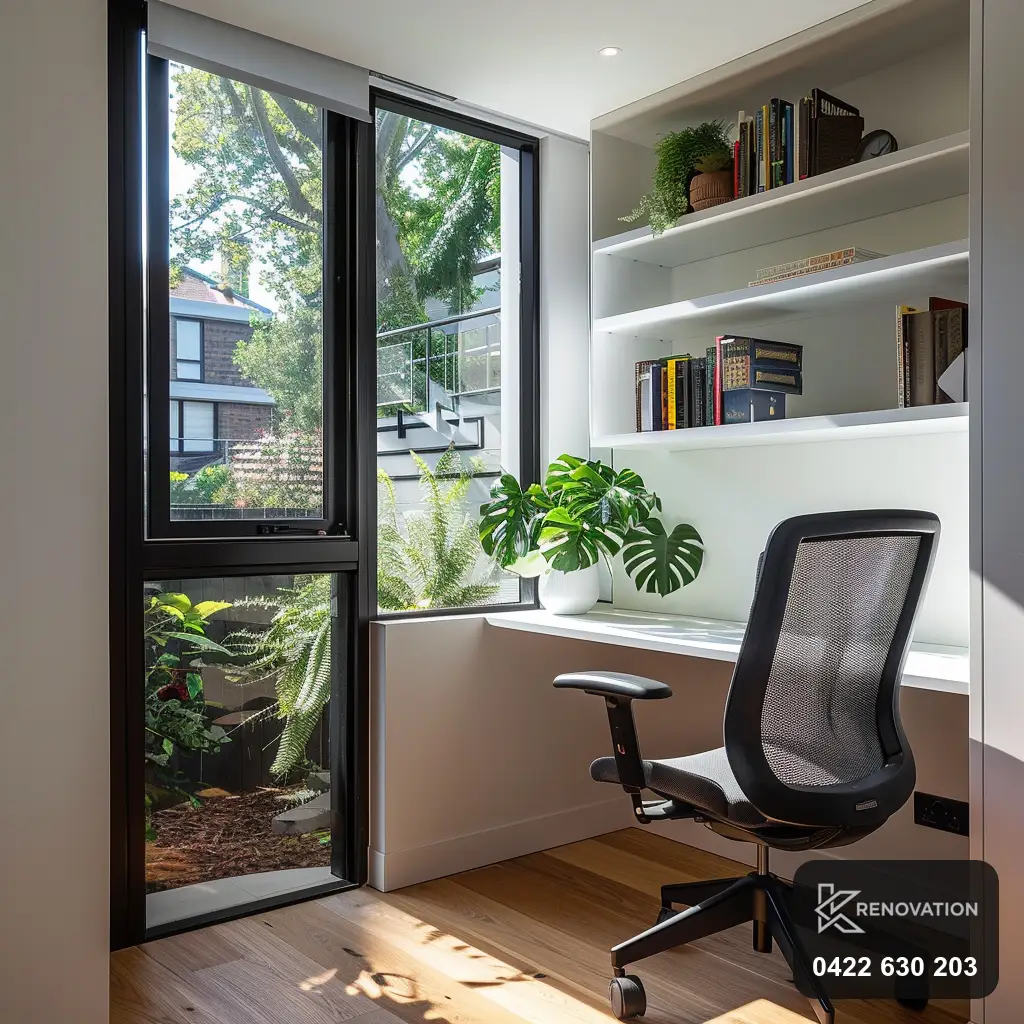 Renovated home office and study with shelving and large window by KRenovation