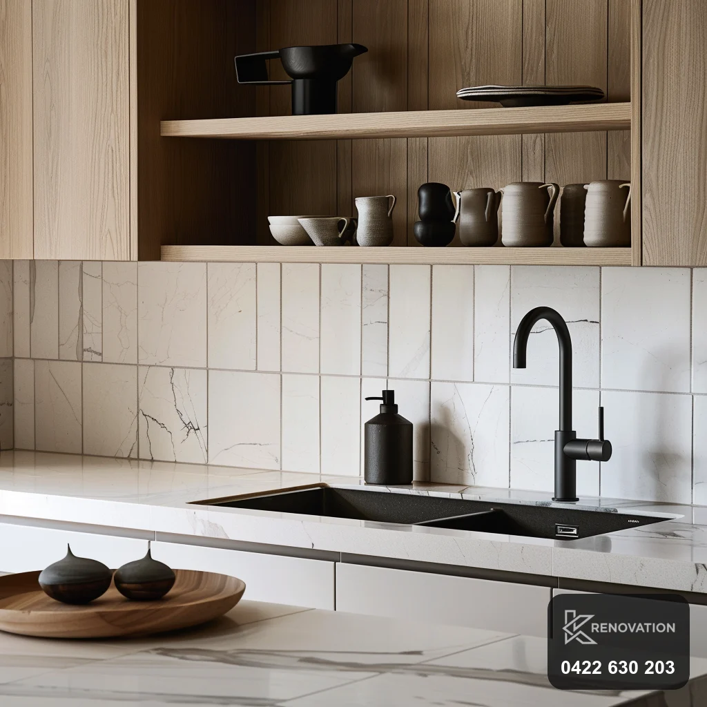 Kitchen renovation with stone benchtop and timber shelving in Yarraville by KRenovation