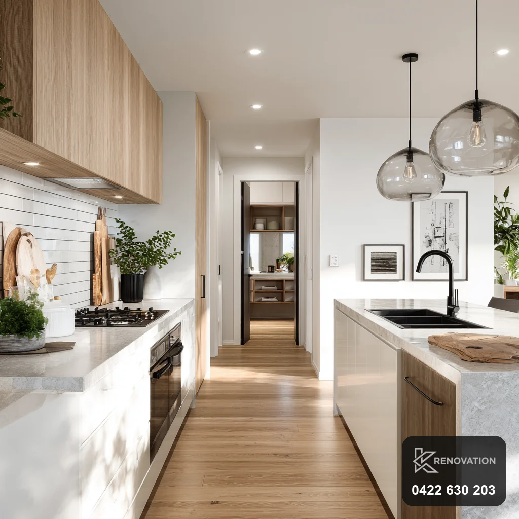 Galley kitchen renovation with pendant lights in Seddon by KRenovation