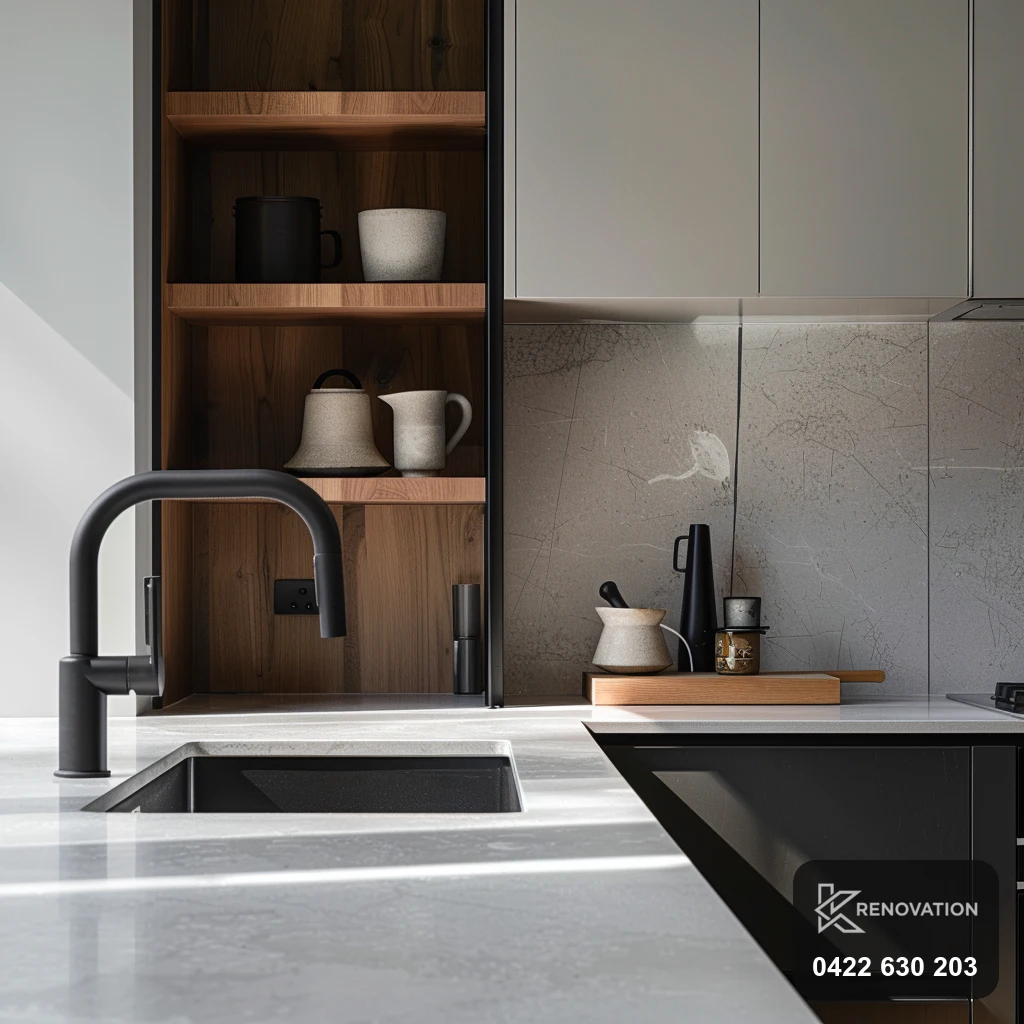Minimalist white kitchen with black tapware in a Seddon terrace by KRenovation