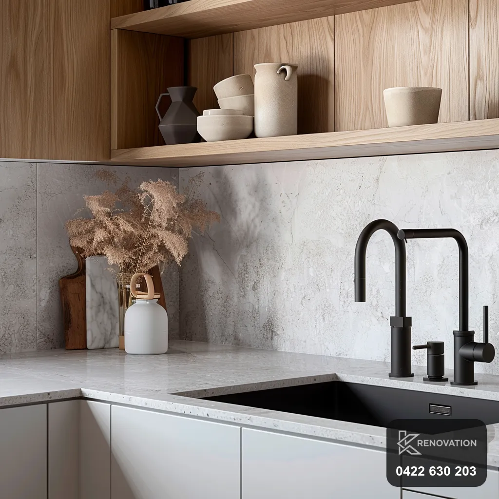 Kitchen renovation with stone splashback in Williamstown by KRenovation
