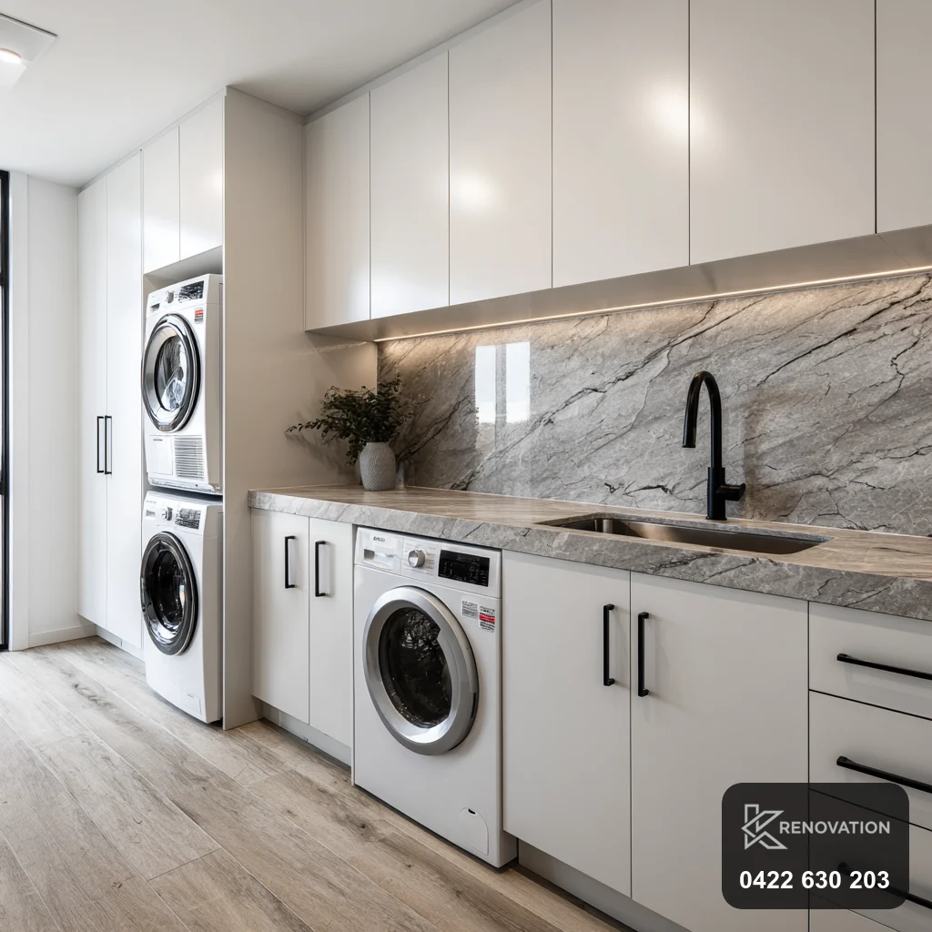 Renovated laundry with marble splashback in Williamstown by KRenovation