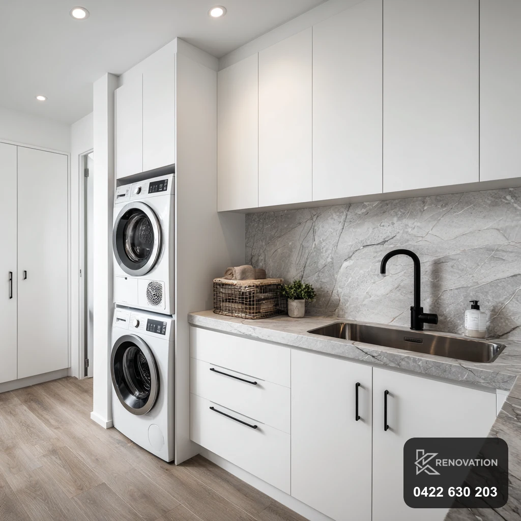 Renovated laundry with white cabinetry in Yarraville by KRenovation