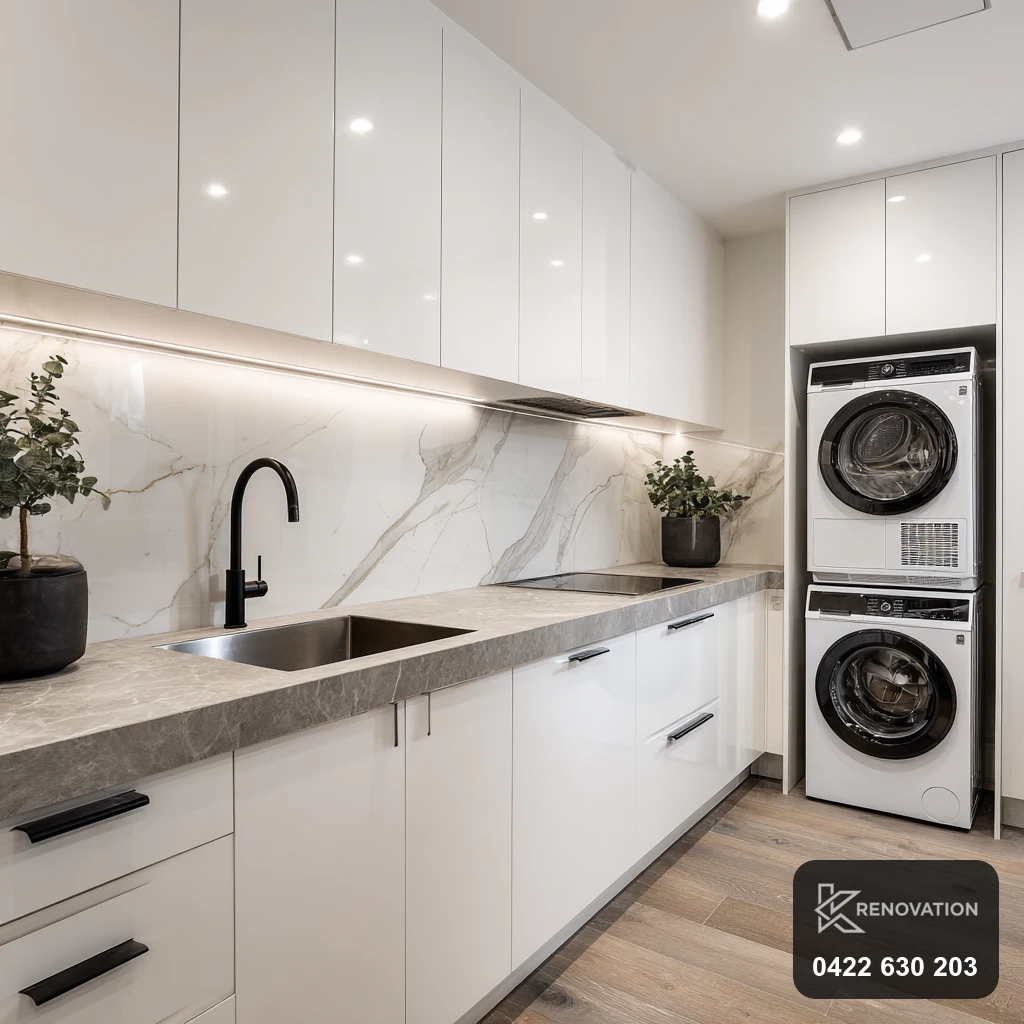 Renovated laundry with stone benchtop in Newport by KRenovation