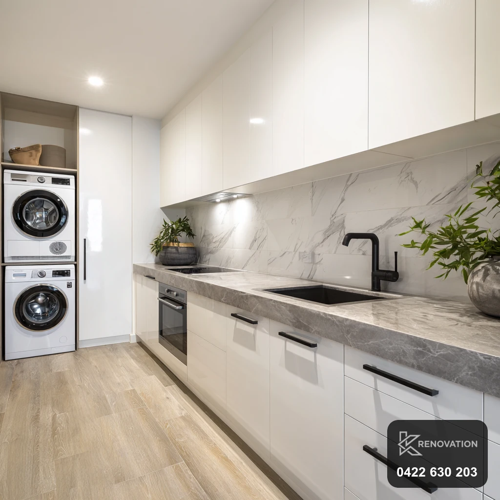 Renovated laundry with stone benchtop in Footscray by KRenovation