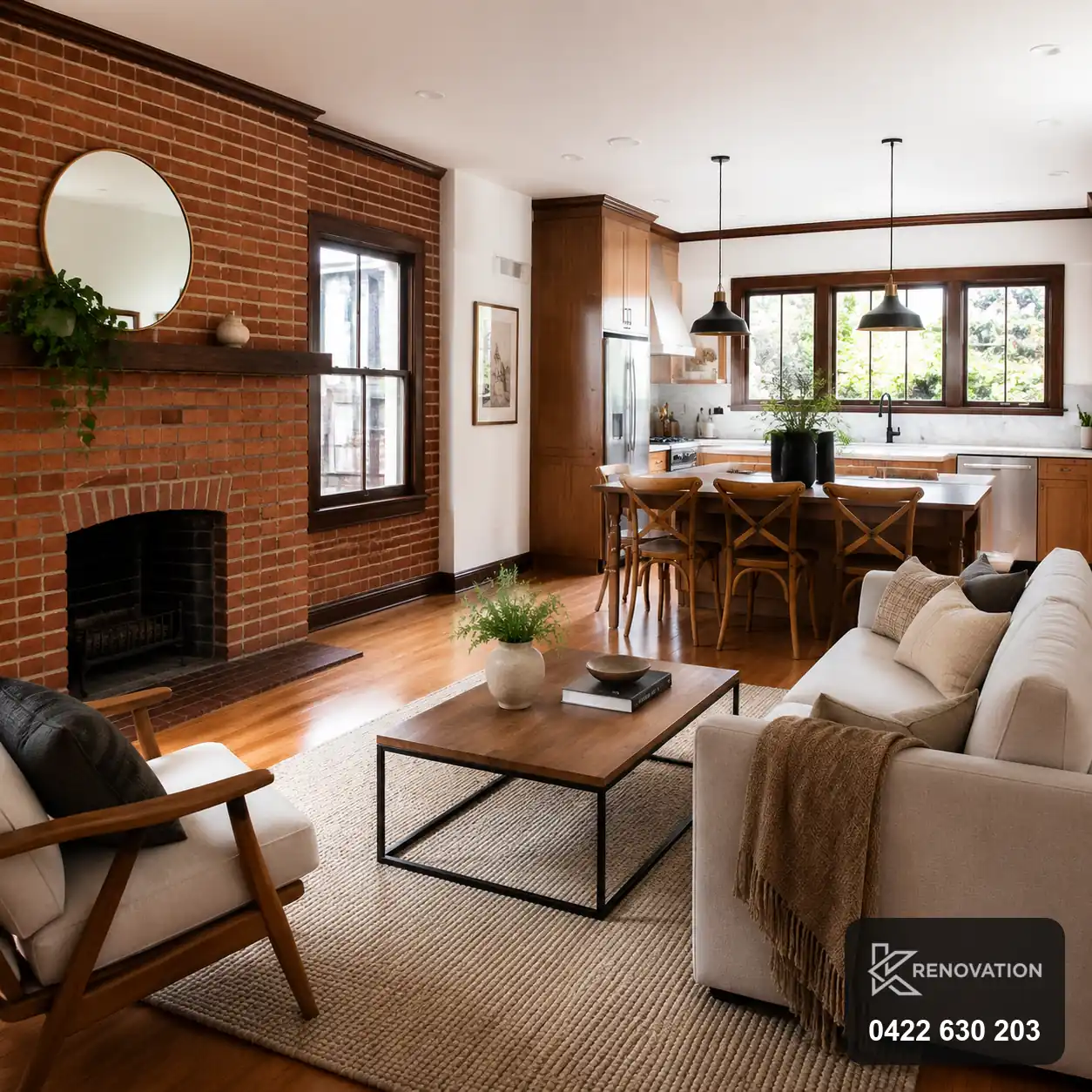 Open-plan living and kitchen with fireplace from a Point Cook renovation by KRenovation