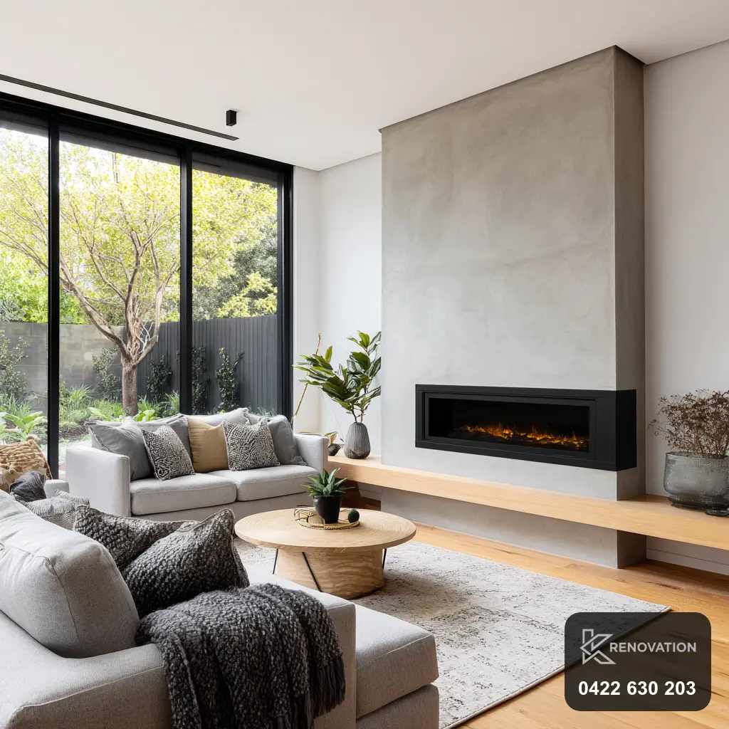 Bright family living room with fireplace in a Hoppers Crossing home by KRenovation