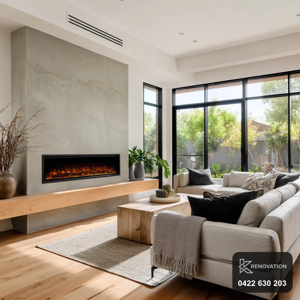 Renovated open living room with fireplace and large windows by KRenovation