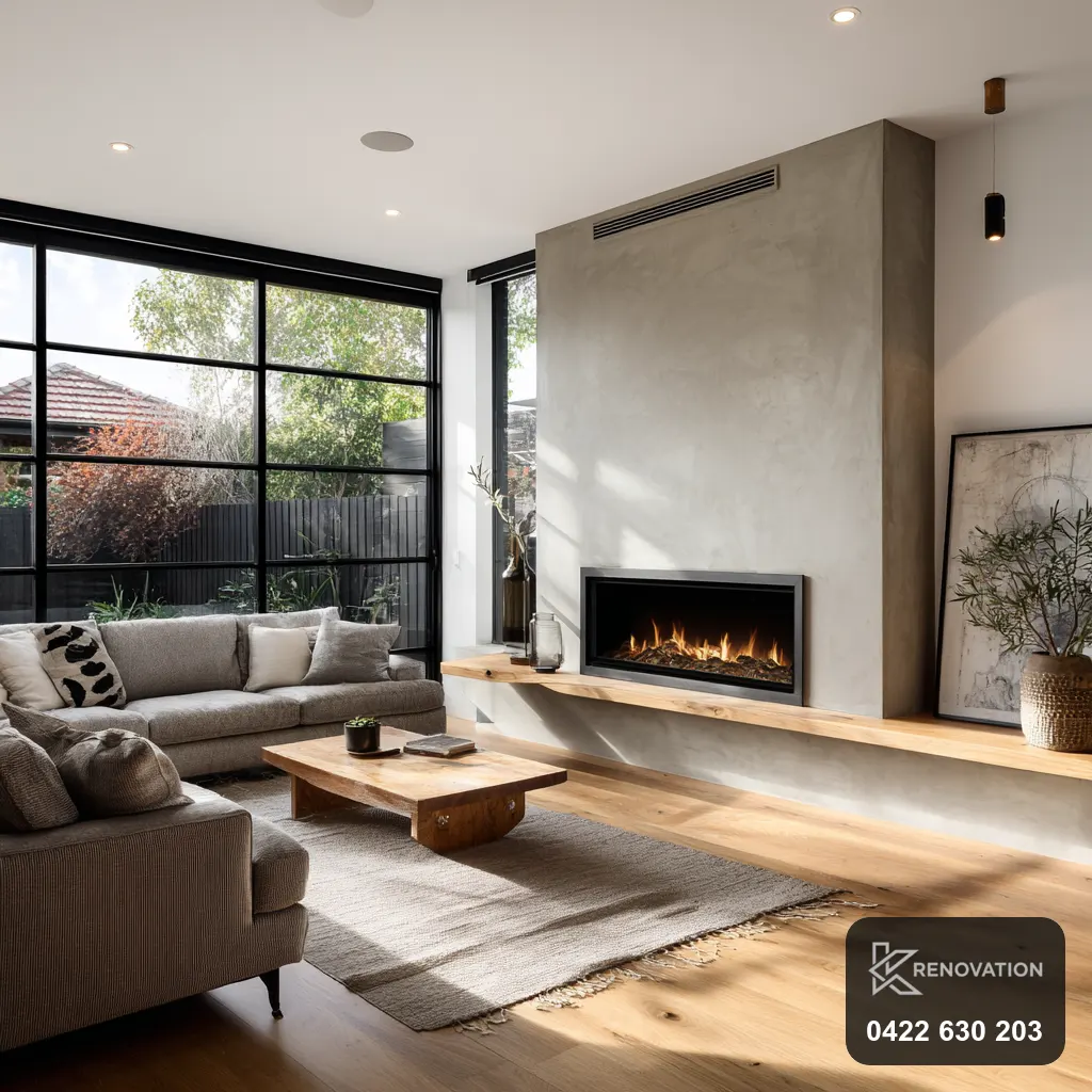 Full home renovation with new fireplace, large windows and timber floors in Melbourne's west