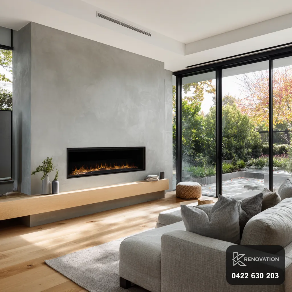 Renovated living room with fireplace and sliding doors to the garden in Newport by KRenovation