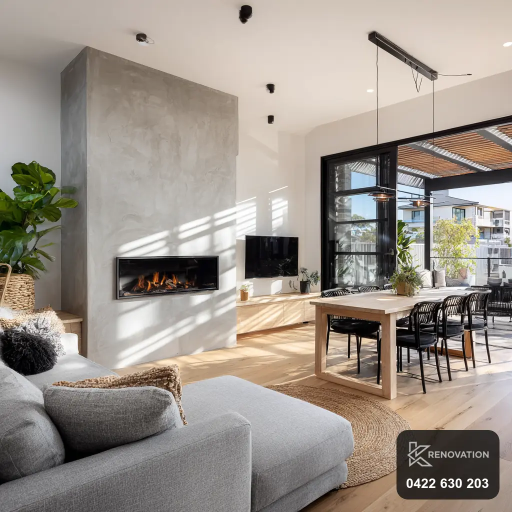 Living room with custom built-in joinery in a Point Cook renovation by KRenovation
