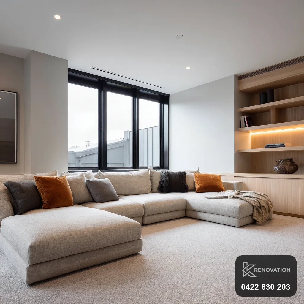 A completed KRenovation living room with built-in joinery in Melbourne's west