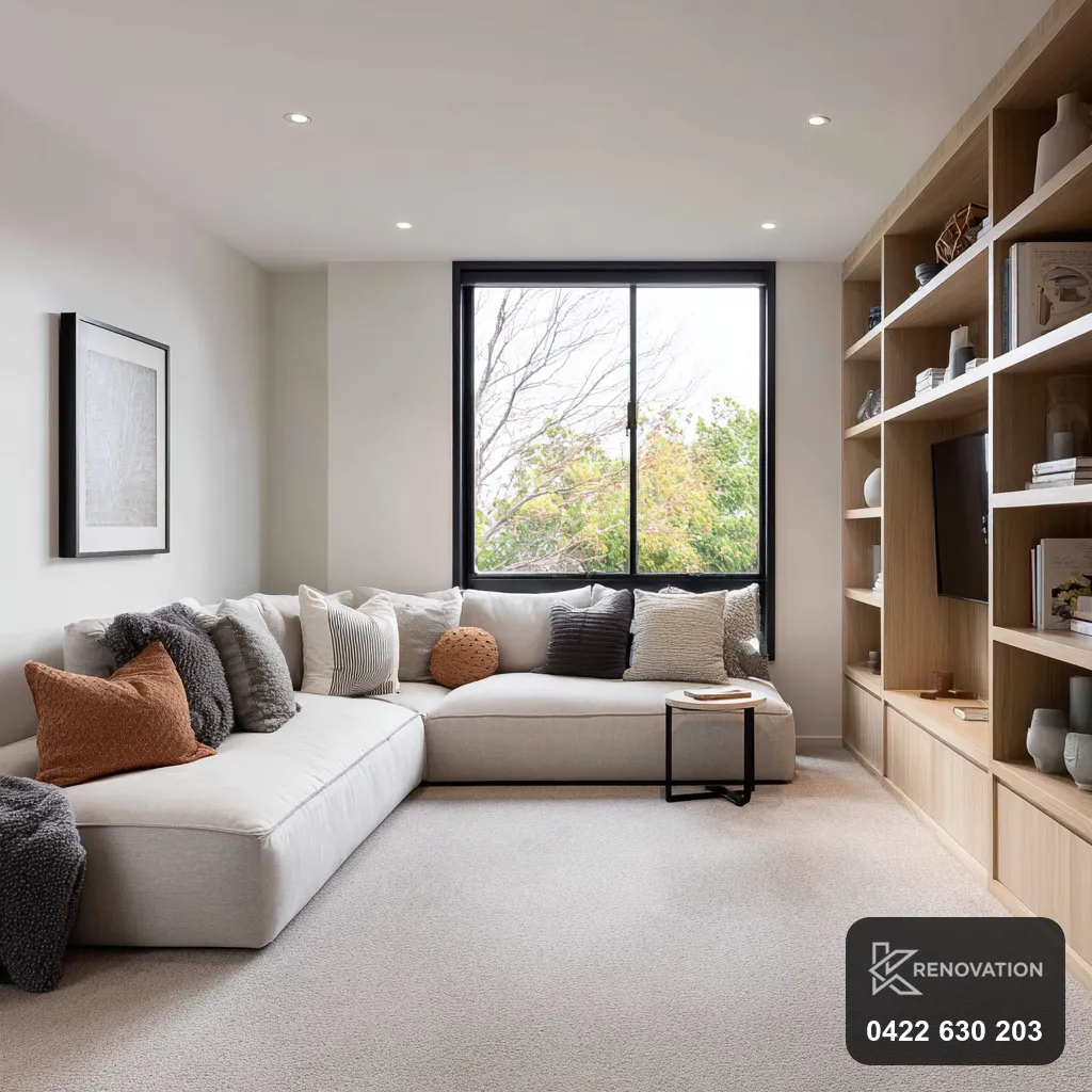 Renovated living room with built-in shelving and garden view in Yarraville by KRenovation