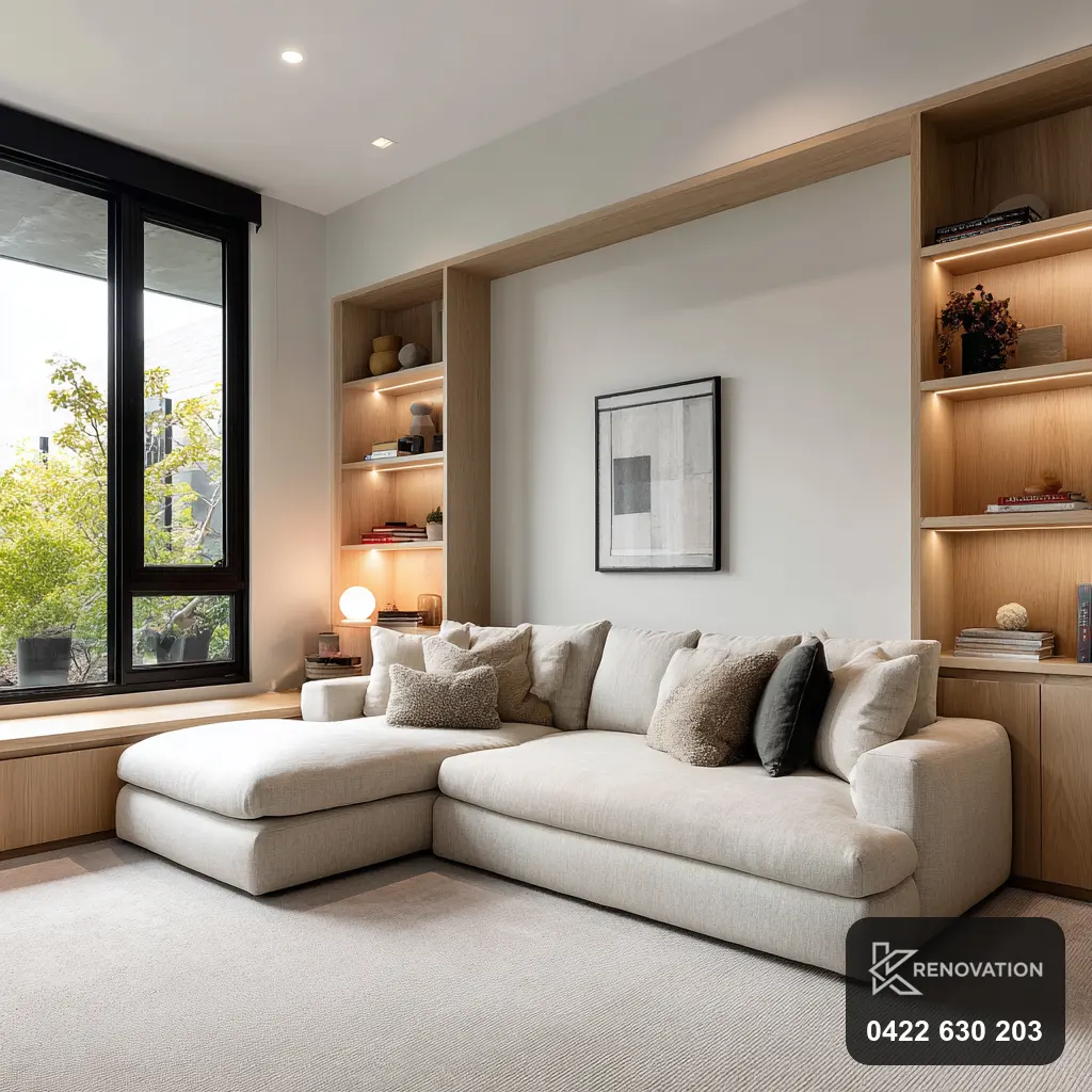 Designer living room with built-in timber shelving in a Point Cook home by KRenovation
