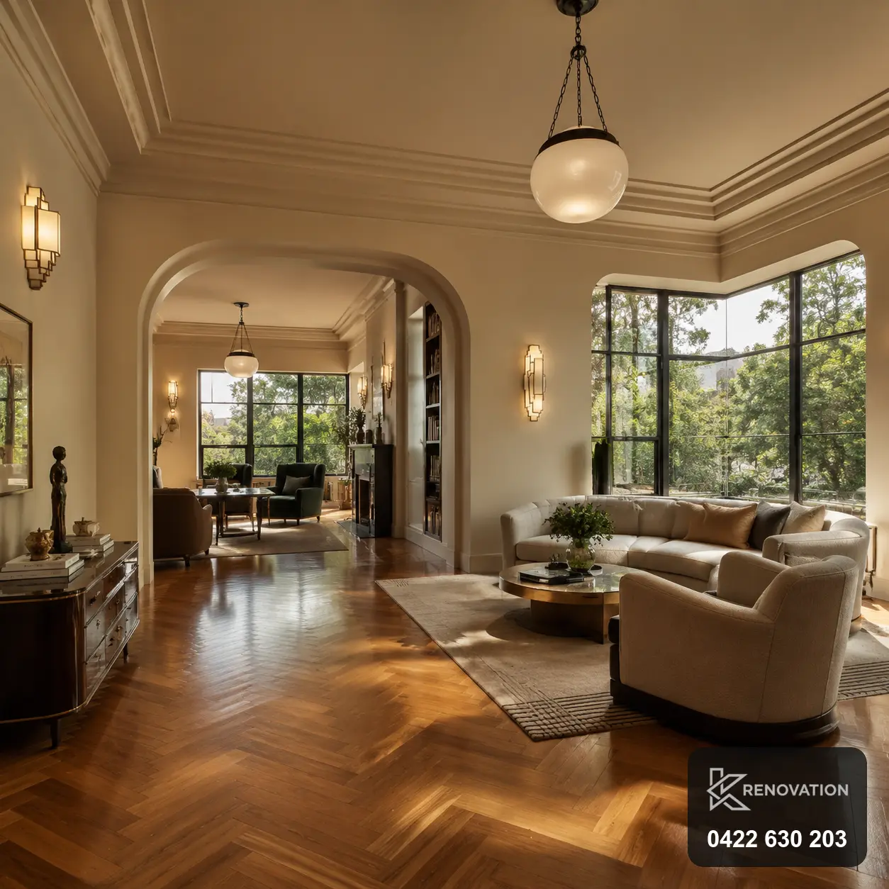 Renovated open-plan living room with garden view in Newport by KRenovation