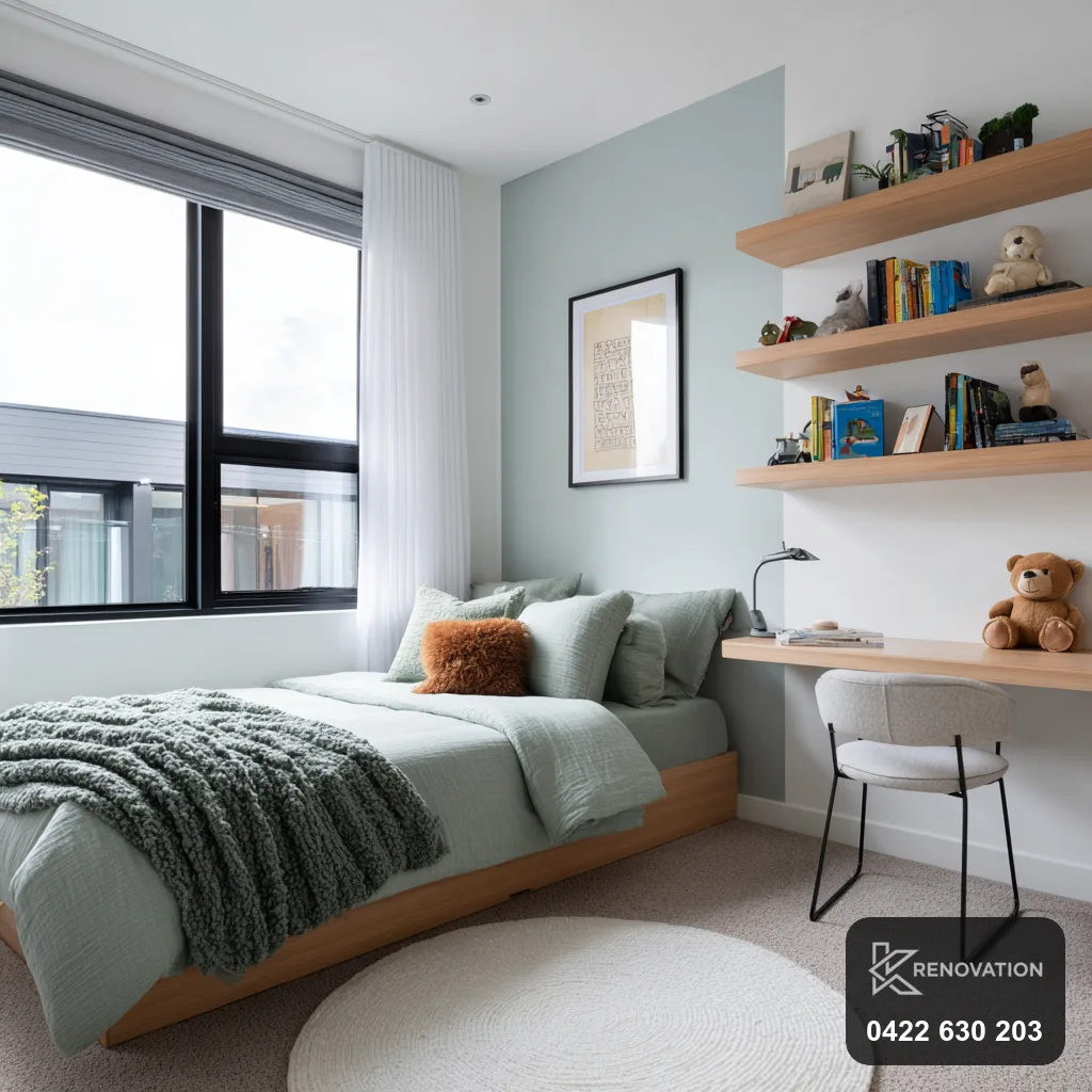 Bright living room with open shelving in a Seddon renovation by KRenovation