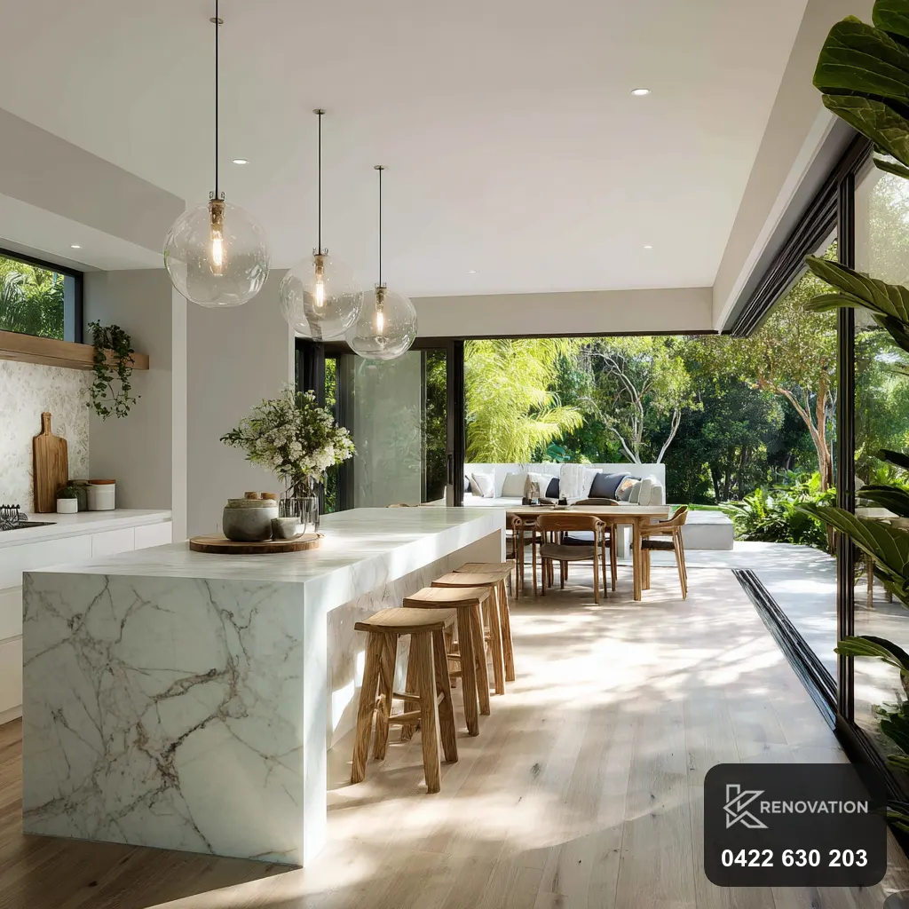 Home extension with open-plan kitchen and dining, marble island and pendant lighting