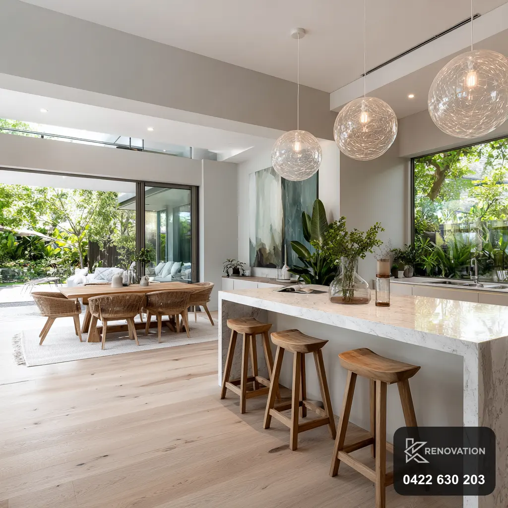 Open-plan kitchen with stone island from a Yarraville home renovation by KRenovation