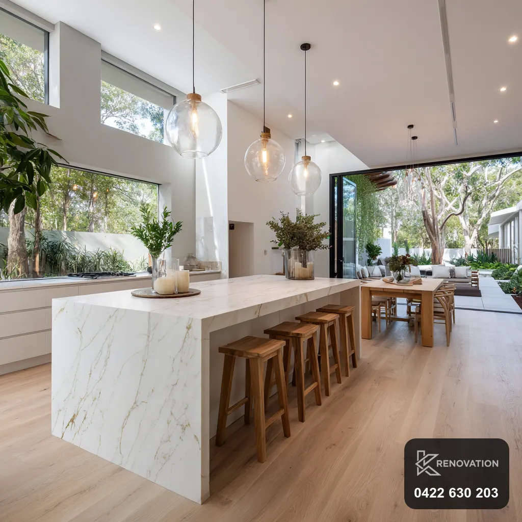 KRenovation craftsmanship: a finished open-plan kitchen with stone island