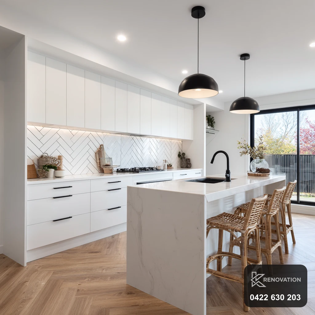 Open-plan kitchen renovation with white stone island, pendant lights and black tapware