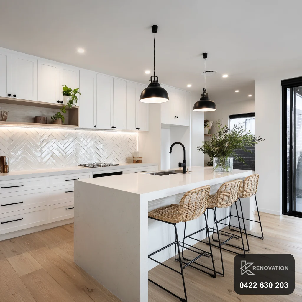 Bright white kitchen with island and pendants in a Spotswood home by KRenovation