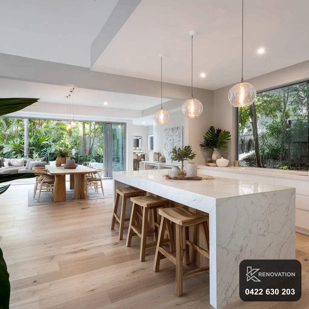Modern white kitchen renovation in a Williamstown period home by KRenovation