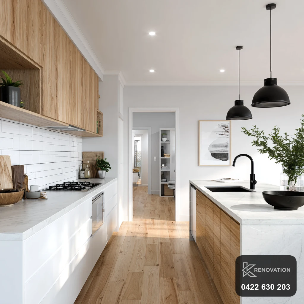 Open-plan stone kitchen from a Seddon terrace renovation by KRenovation