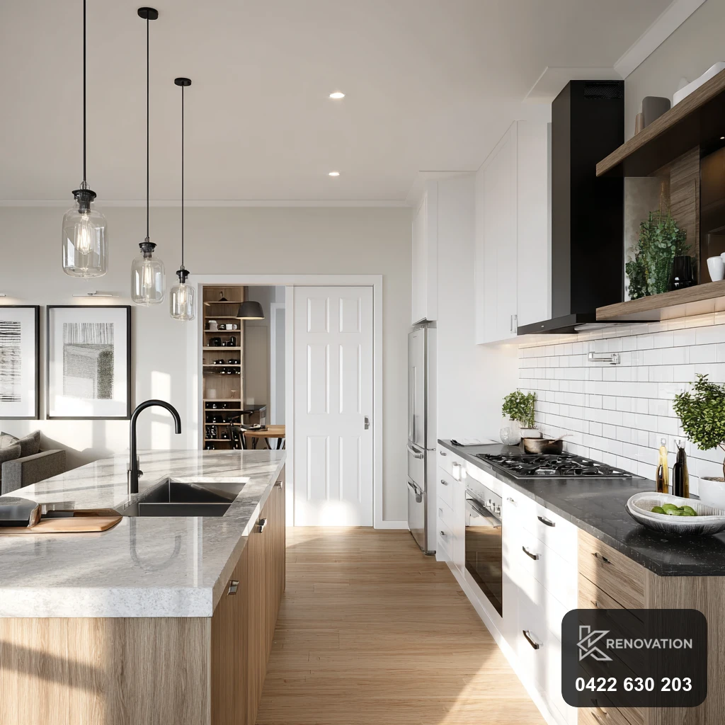 White and timber kitchen renovation in a Yarraville cottage by KRenovation