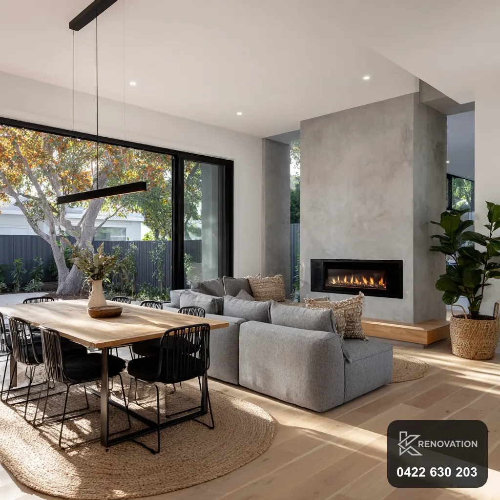 Open-plan living and dining with fireplace in a Spotswood renovation by KRenovation
