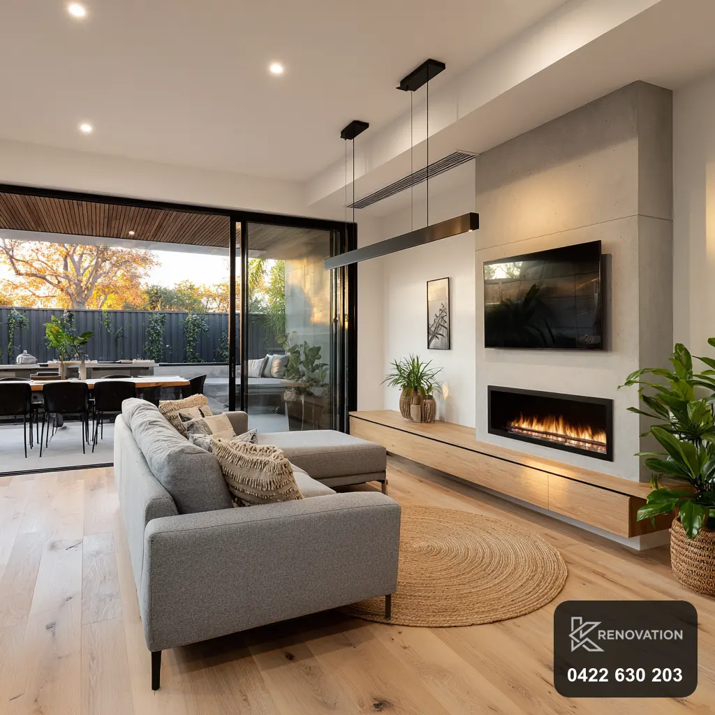 Open-plan family living with media wall in a Hoppers Crossing renovation by KRenovation