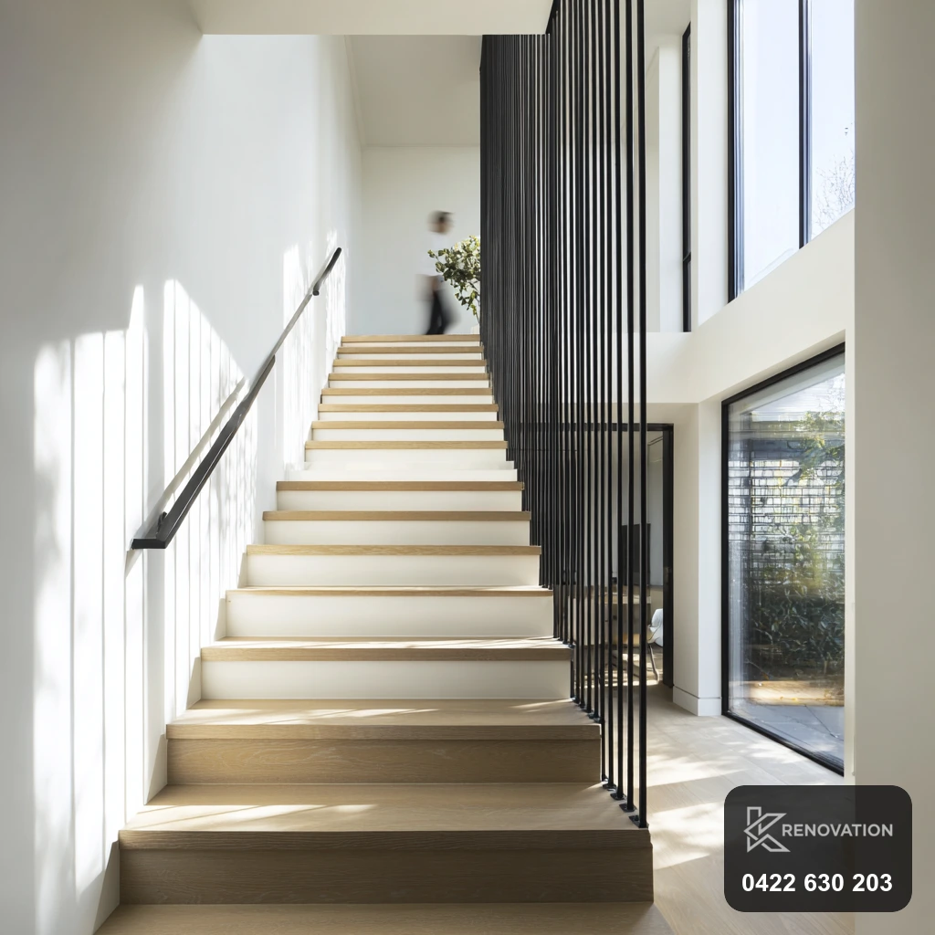 Double-height timber staircase with large glazing in a renovated home by KRenovation