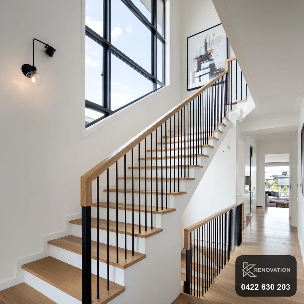 Designer timber staircase with steel balustrade in a Point Cook renovation by KRenovation