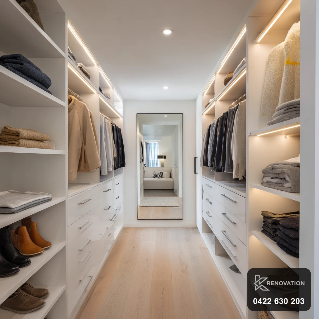 Custom joinery walk-in robe and dressing room with built-in shelving