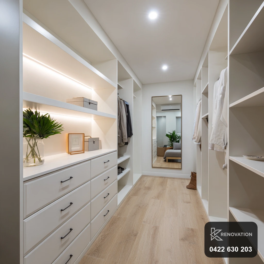 Smart-storage walk-in robe with white joinery in Seddon by KRenovation