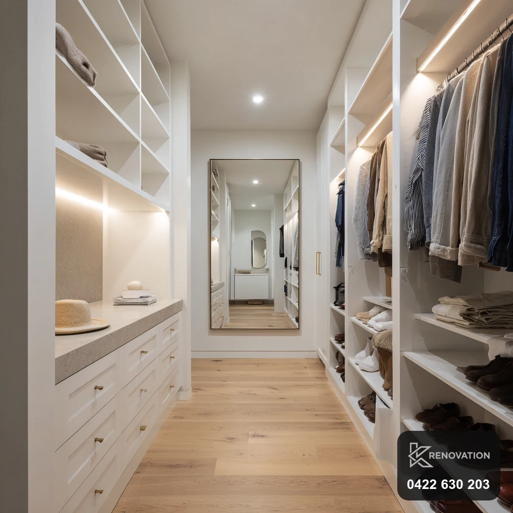 Custom walk-in robe with white and timber joinery in Spotswood by KRenovation