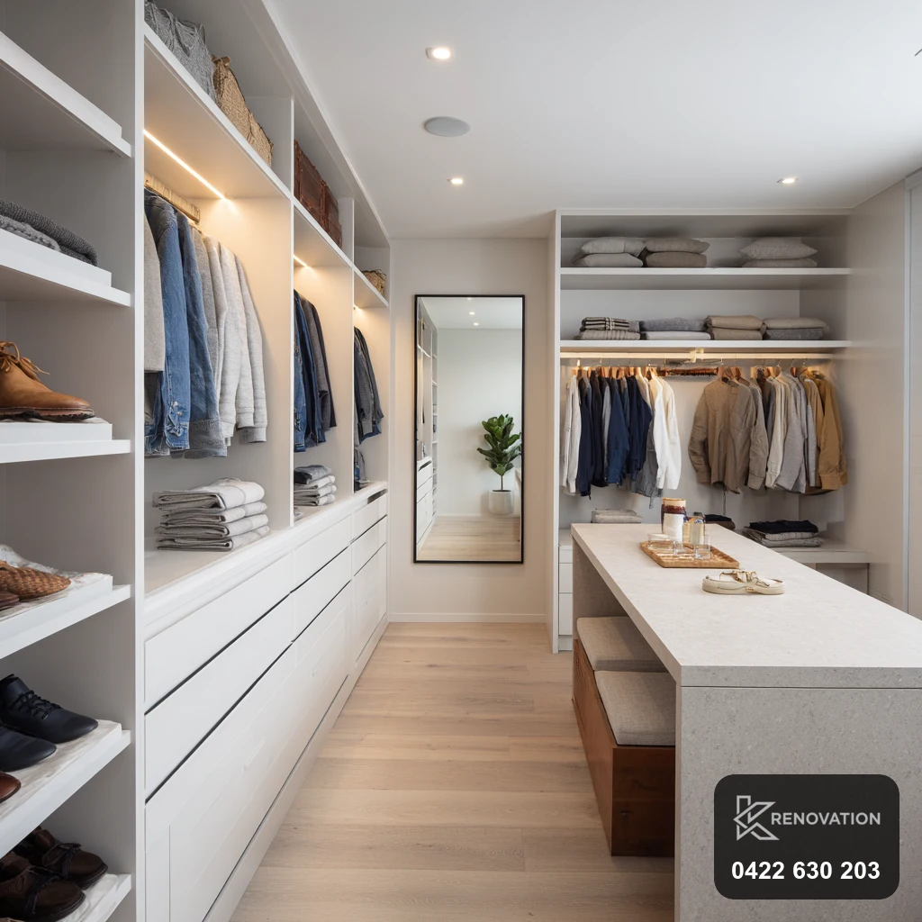 Custom walk-in robe from a Yarraville renovation by KRenovation