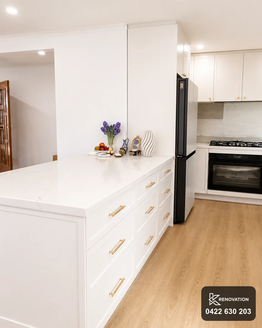 Brushed brass hardware detail in the Bulleen renovation
