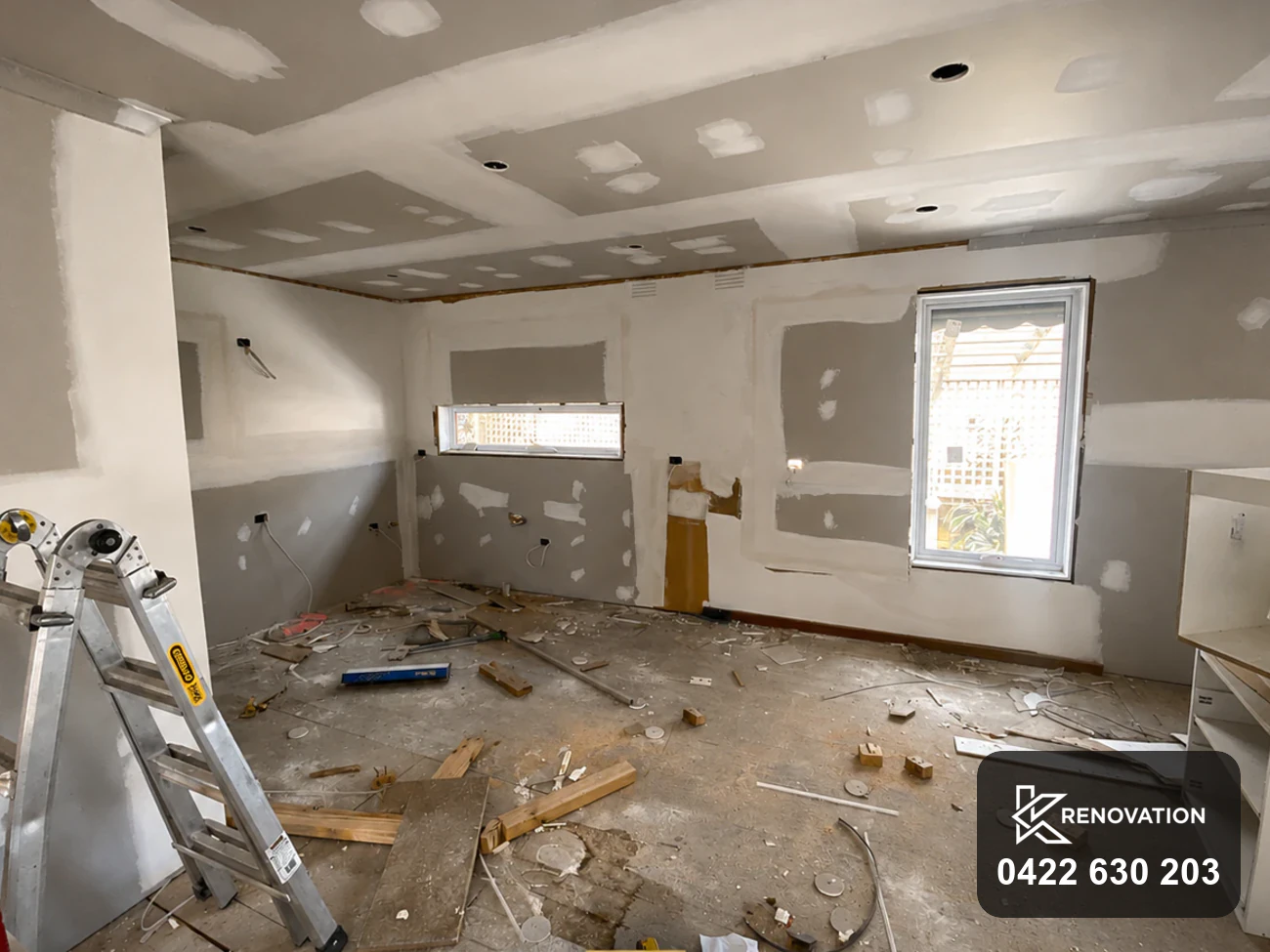 Ceiling re-framed and plastered across both rooms in the Bulleen renovation