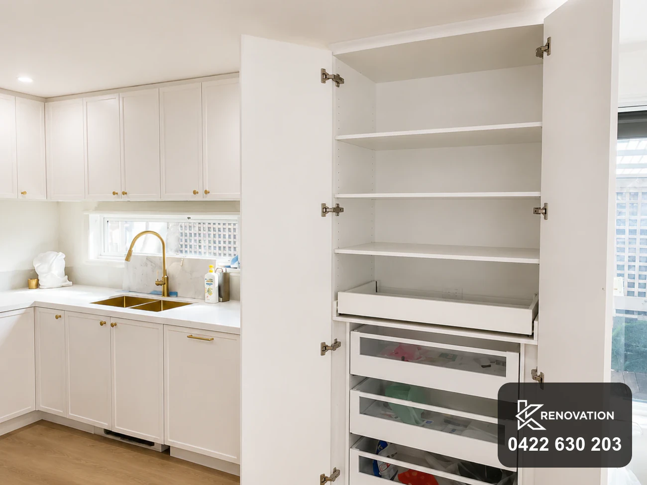Pantry storage with internal drawers in the Bulleen renovation