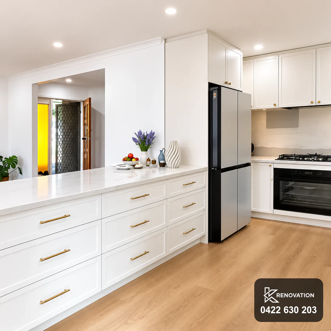 Shaker kitchen and stone benchtops in the renovated Bulleen home