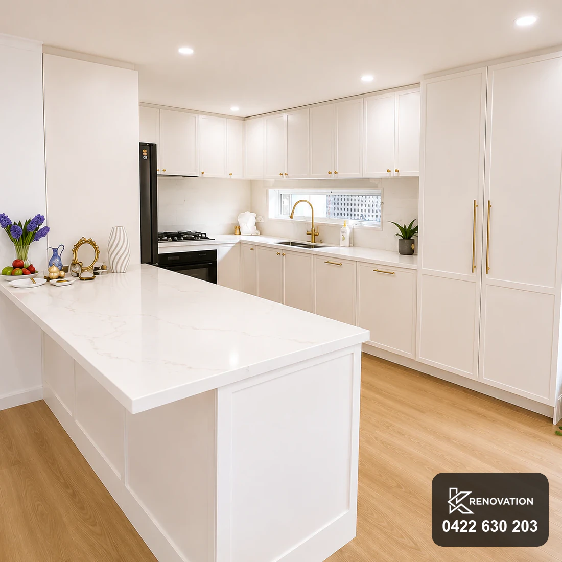 Mitred stone benchtop edge in the Bulleen renovation