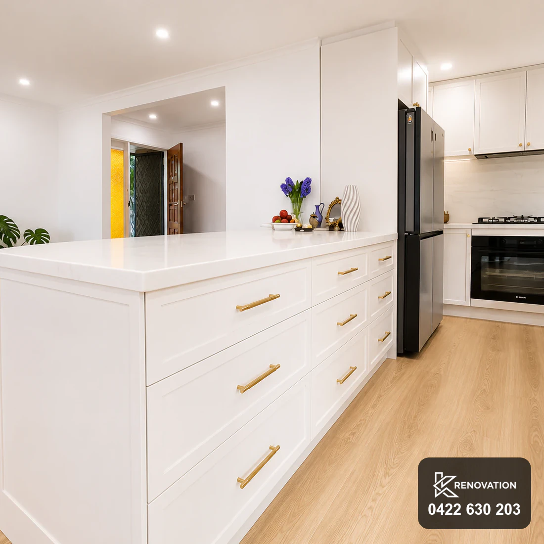 Full height stone splashback in the renovated Bulleen kitchen