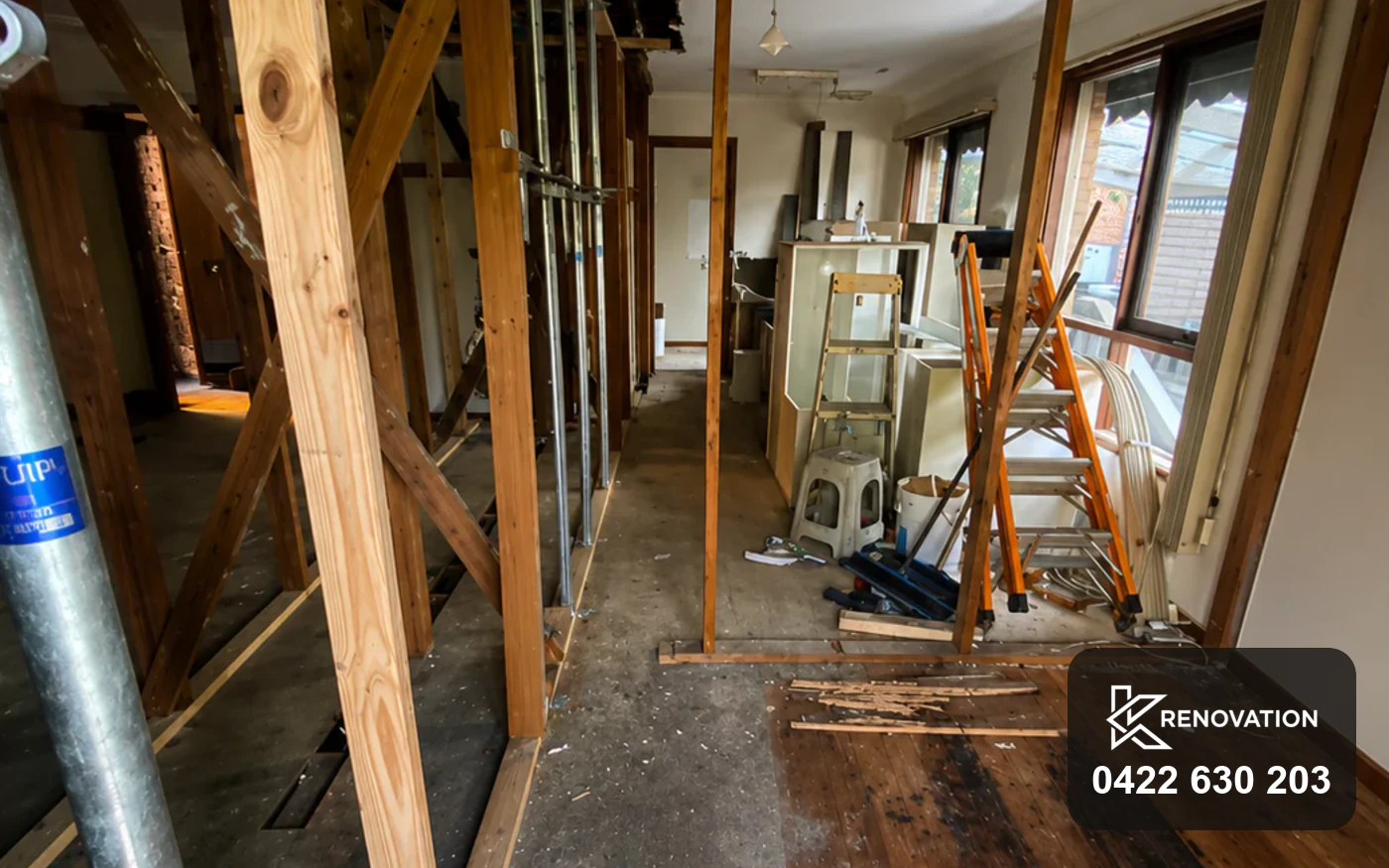 Acrow props and structural beam during wall removal on the Bulleen renovation