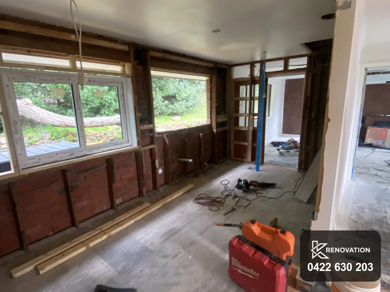 Essendon room stripped to brick and stud during the renovation