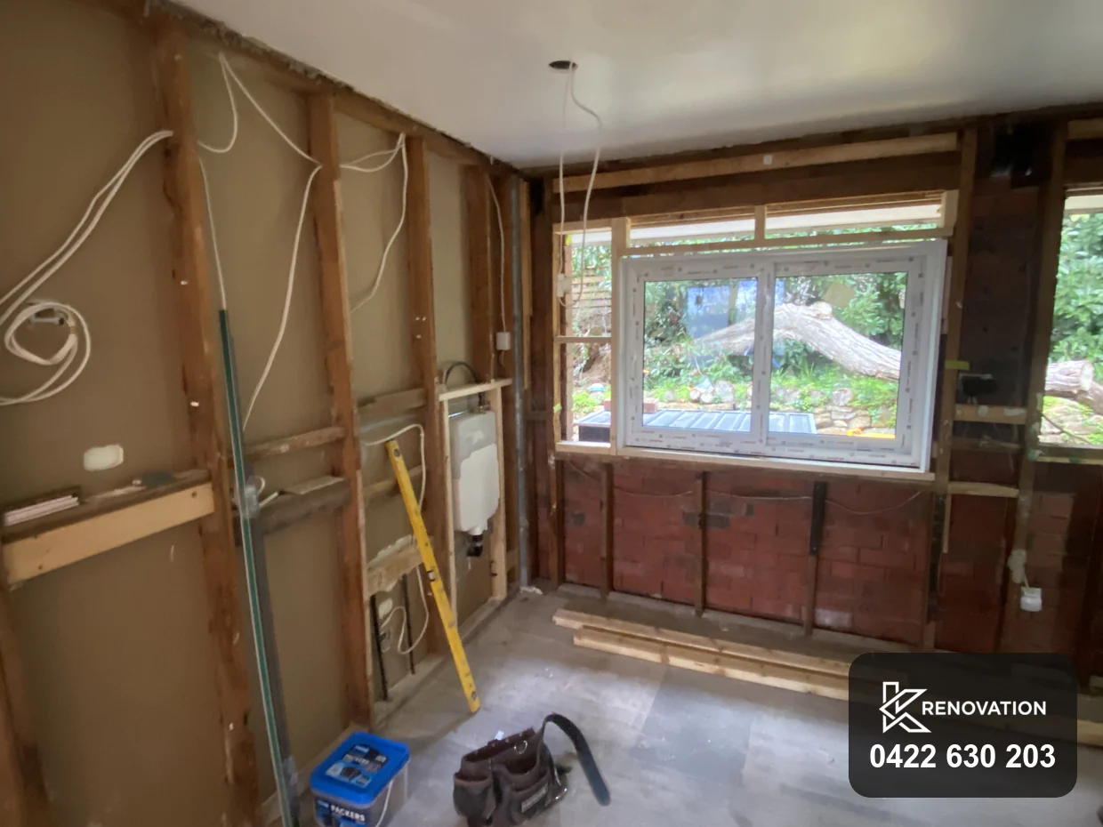 Electrical and plumbing rough-in against the new cabinet layout in Essendon